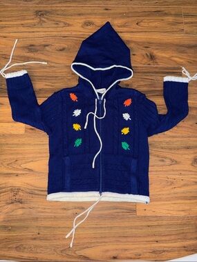2-3T VTG Nanett Kids Navy Hooded Zip Sweater with Colorful Leaf Embroidery